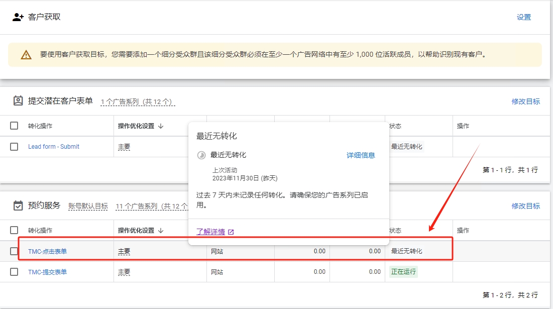 转化列不显示任何数据